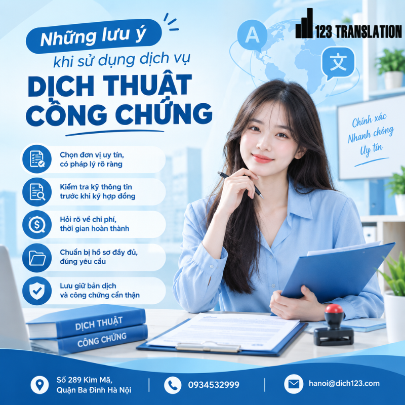 Chi phí dịch thuật công chứng phụ thuộc vào ngôn ngữ, loại tài liệu, số lượng trang và thời gian hoàn thành. Nên yêu cầu báo giá trước khi thực hiện.